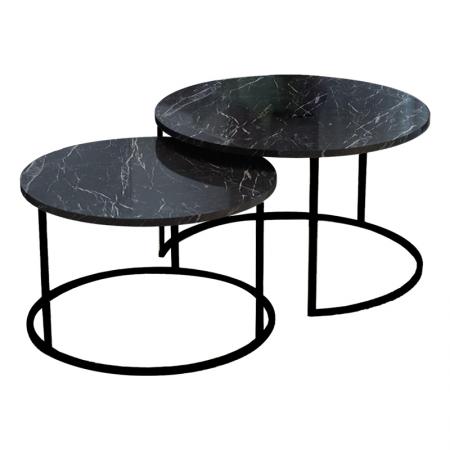 Măsuțe de cafea Solme  set 2 buc marmură melamină neagră-metal negru