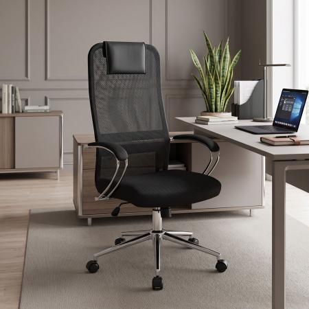 Scaun de birou Lord I  din material textil cu abajur negru, picior din metal cromat, 64x61x116-126cm