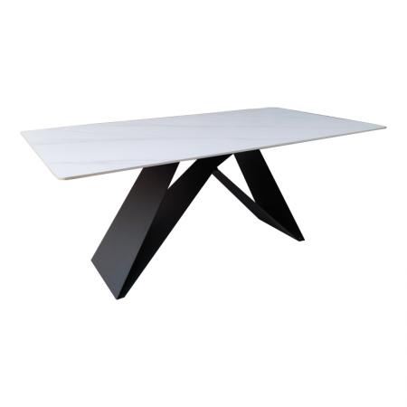 Masă Mapele Pakoworld din marmură albă, piatră sinterizată, cu picioare din metal negru, 180x90x75cm