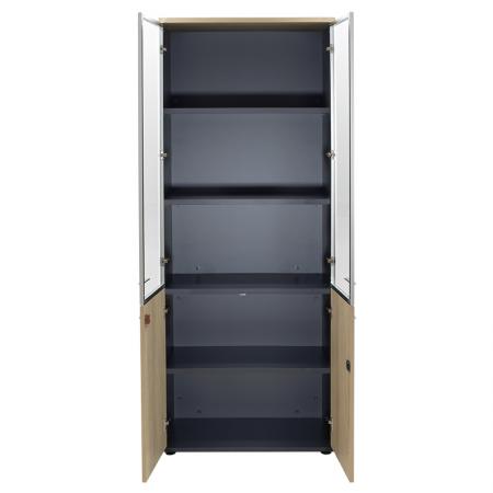 Bibliotecă Lotus  cu patru uși din sticlă și lemn de stejar - culoare gri închis 80x40x200cm